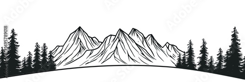 Black and white hand drawn panoramic mountain range with pine trees silhouette ink sketch minimalist nature landscape vector illustration