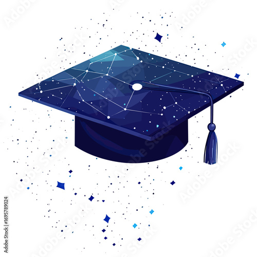 Dark blue polygonal graduation cap with constellation pattern and tassel surrounded by starry cosmos and abstract space particles