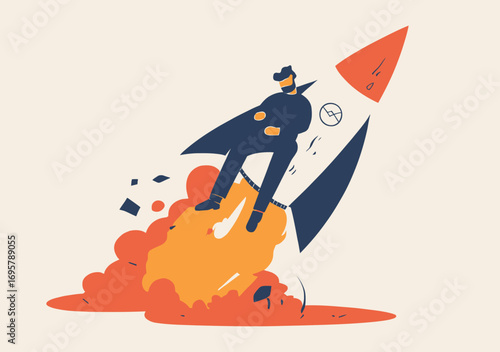Depressed businessman sitting with crossed arms on crashing launching rocket with smoke cloud flat vector illustration symbolizing startup failure and entrepreneurship risk