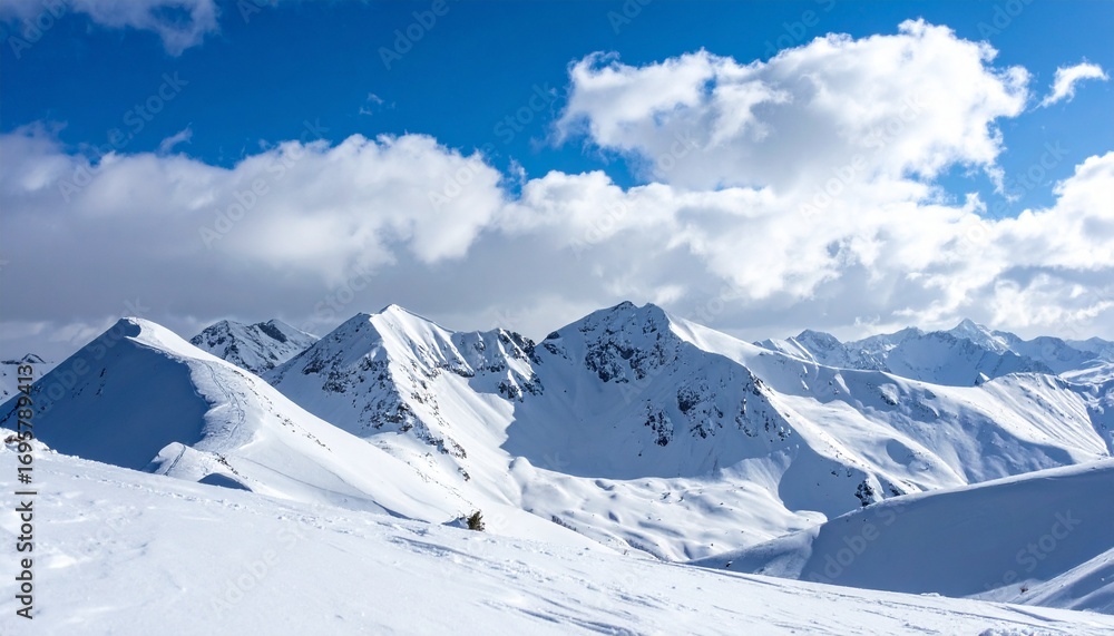 Fototapeta premium Snowy Winter Mountains,Beautiful panoramic winter mountain landscape with snow and clear skies.