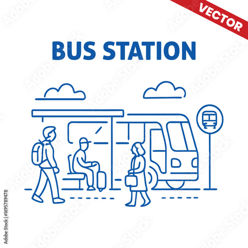 People at Bus Station Waiting for Transportation outline vector graphic illustration