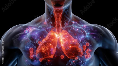 Digital Illustration of Human Torso with Cosmic Lungs and Energetic Elements