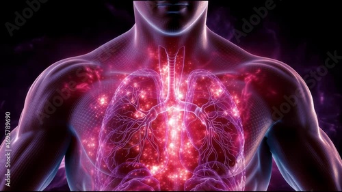 Digital Visualization of Human Lungs Illuminated with Vibrant Patterns Against a Dark Background