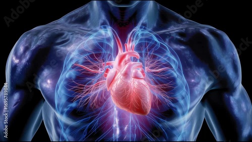 Dynamic Visual Representation of a Glowing Heart Within a Human Body Anatomy Display