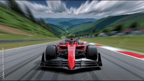 Dynamic Racing Car Speeding Down Winding Track Surrounded by Lush Green Hills and Cloudy Sky