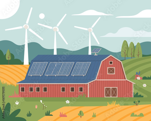 Sustainable farm with solar panels and wind turbines