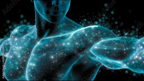 Glowing Digital Representation of a Muscular Human Body with Star-Like Particles Against a Dark Background