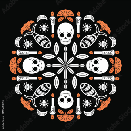 Dia de los muertos mandala with skulls and marigolds