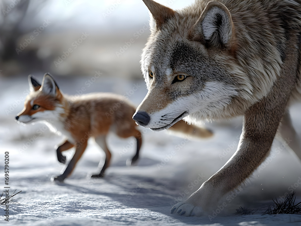 Fototapeta premium Wolf And Fox Running In Snowy Landscape