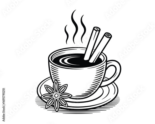 Hand drawn sketch of a hot beverage with cinnamon sticks and star anise