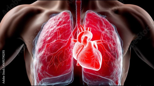 Realistic Anatomical Illustration of Human Lungs Featuring Glowing Red Heart in Center