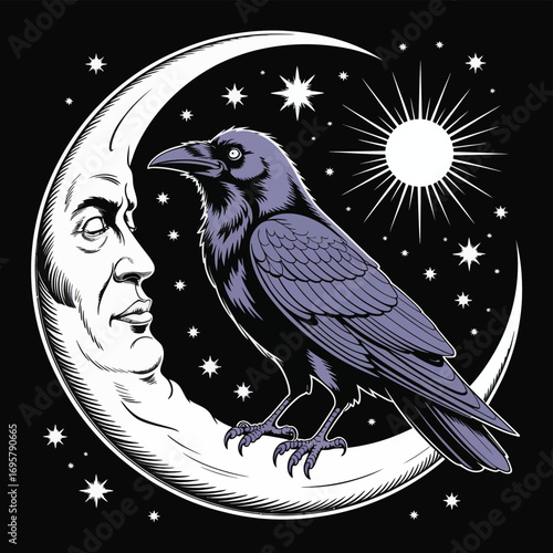 Mysterious raven perched on a crescent moon with a face in the night sky