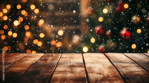 Empty wooden table with blurred christmas lights on background	