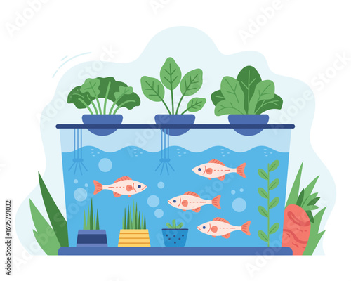 Aquaponics system with fish and plants in a clear tank