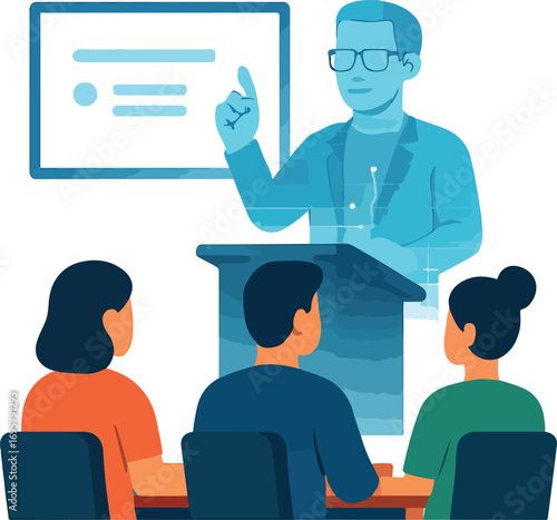 VR guest lecture hologram professor appearing in a classroom illustration