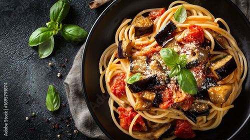 Spaghetti alla Norma on a Black Plate: Sicilian Pasta Dish