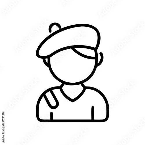 Young artist wearing beret and smiling in minimalist style  