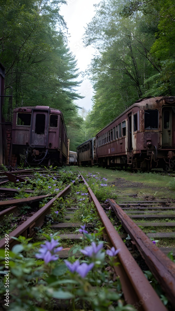 Fototapeta premium Derelict trains overgrown tracks nature reclaiming rusted abandoned railway beauty