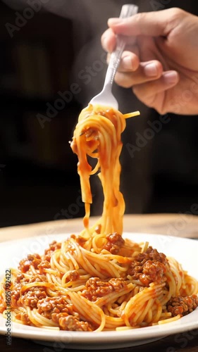 Extreme close-up of a natural hand gently twirling a fork into steaming spaghetti bolognese, lifting a glossy bite of pasta rich with vibrant sauce under warm natural light. Culinary delight and