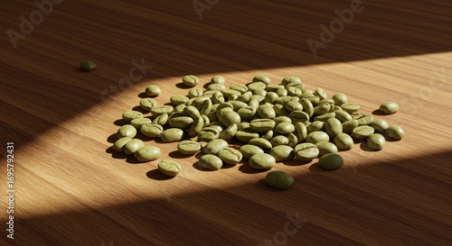 Flat lay overhead view of fresh green coffee beans on a wooden table, earthy colors, minimalistic composition, sharp focus, without people, professional ad image.