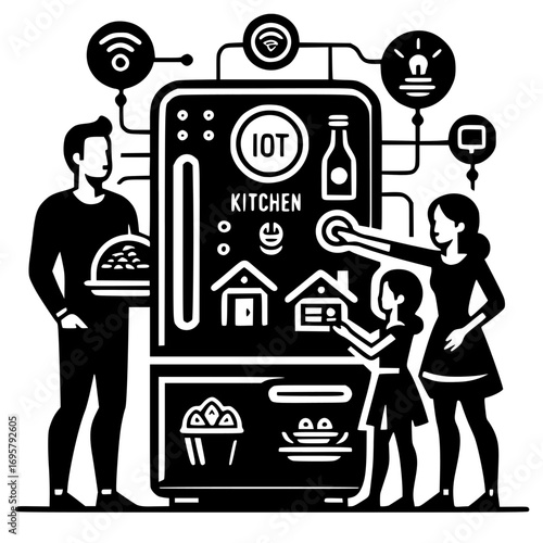 Smart Family in a Smart Home: A modern illustration depicts a family interacting with a smart home kitchen, highlighting the connectivity and innovation.