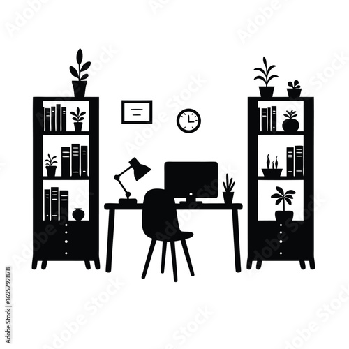 Silhouette of a home office desk with bookshelves and a clock