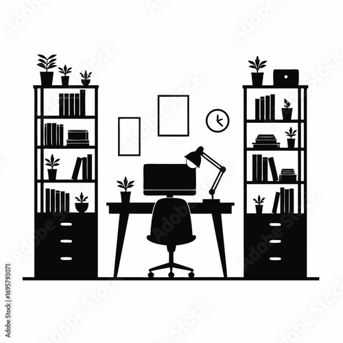 Silhouette of a home office desk with bookshelves and plants Keywords: home office, desk, chair