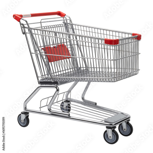 Shiny chrome shopping cart with red accents