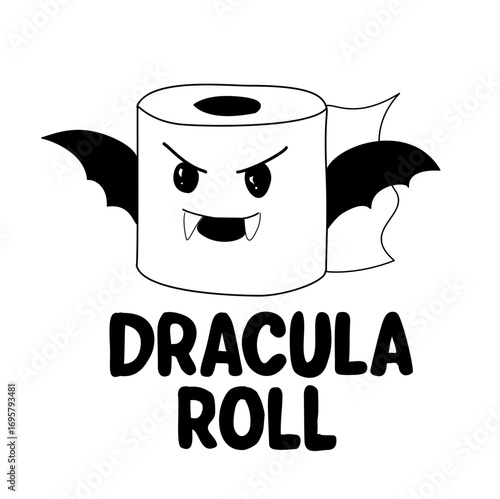 Funny cartoon illustration of a toilet paper roll with vampire fangs and bat wings, labeled “Dracula Roll,” Halloween humor design.