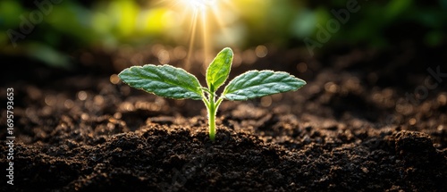Close up of a young green plant sprouting from dark fertile soil with sunlight shining in the background symbolizing growth and nature