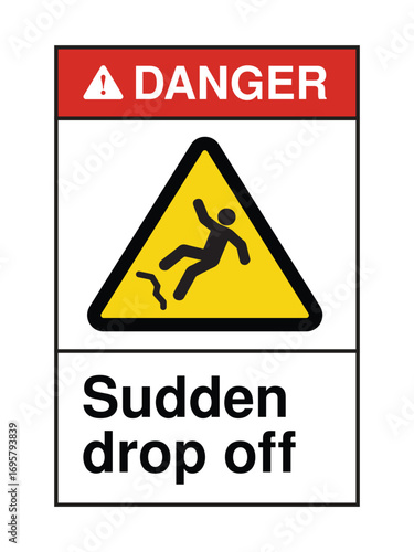 Danger Sign – Sudden Drop Off  High-Impact Safety Alert with Falling Person Graphic  Red and Yellow Hazard Signage for Cliffs, Construction Zones, and Public Infrastructure