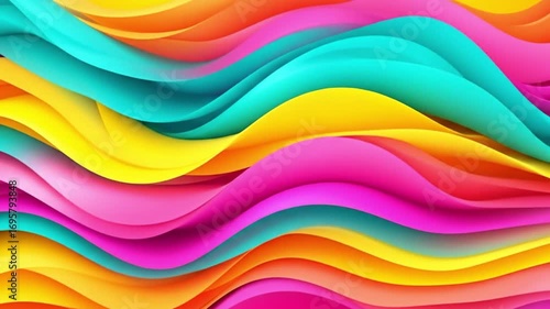 Vibrant abstract background with flowing waves of colorful ribbons in shades of yellow, orange, pink, and turquoise, creating a dynamic and energetic visual