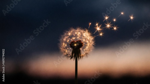 Wallpaper Mural Magical dandelion with sparkling seeds flying against a twilight sky Torontodigital.ca