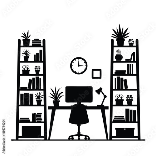 Silhouette of a home office desk with bookshelves and plants