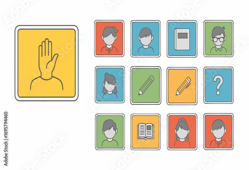 Collection of flat line art icons for education, featuring diverse student avatars, school supplies, and a raised hand for classroom interaction