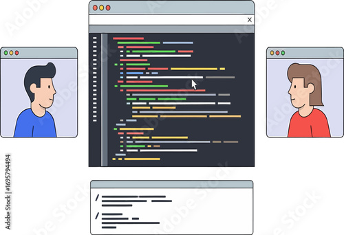 Conceptual illustration of remote pair programming with two software developers collaborating on code through a video conference