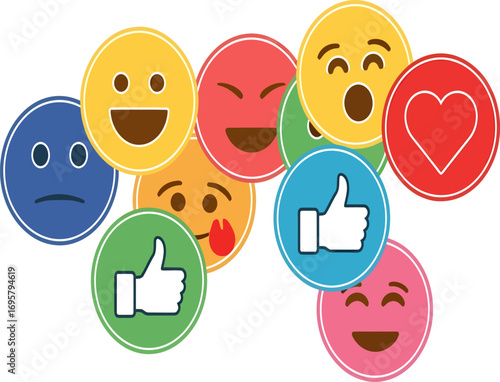 A vibrant collection of flat design social media reaction icons and emoticons, illustrating online communication with like, love, and various emotional face symbols