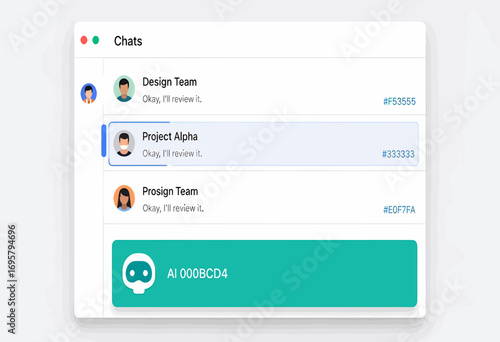 User interface design of a modern chat application featuring an AI assistant for team collaboration and project communication