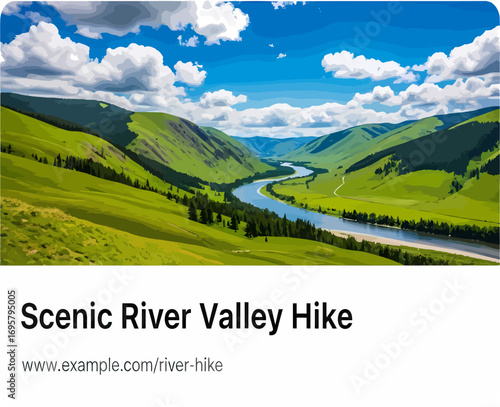 A breathtaking panoramic view of a winding river flowing through a lush green mountain valley under a beautiful blue sky with clouds