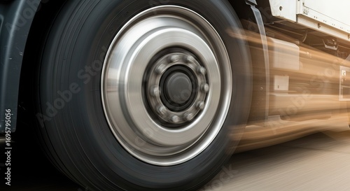 A truck wheel in motion shows a circular blur indicating speed