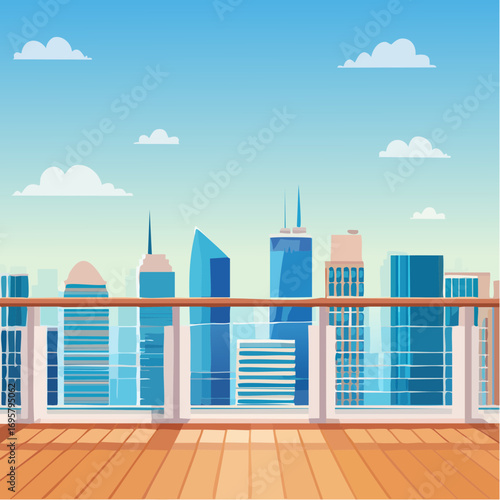 Spacious balcony view overlooking urban skyline with modern buildings and clear blue sky