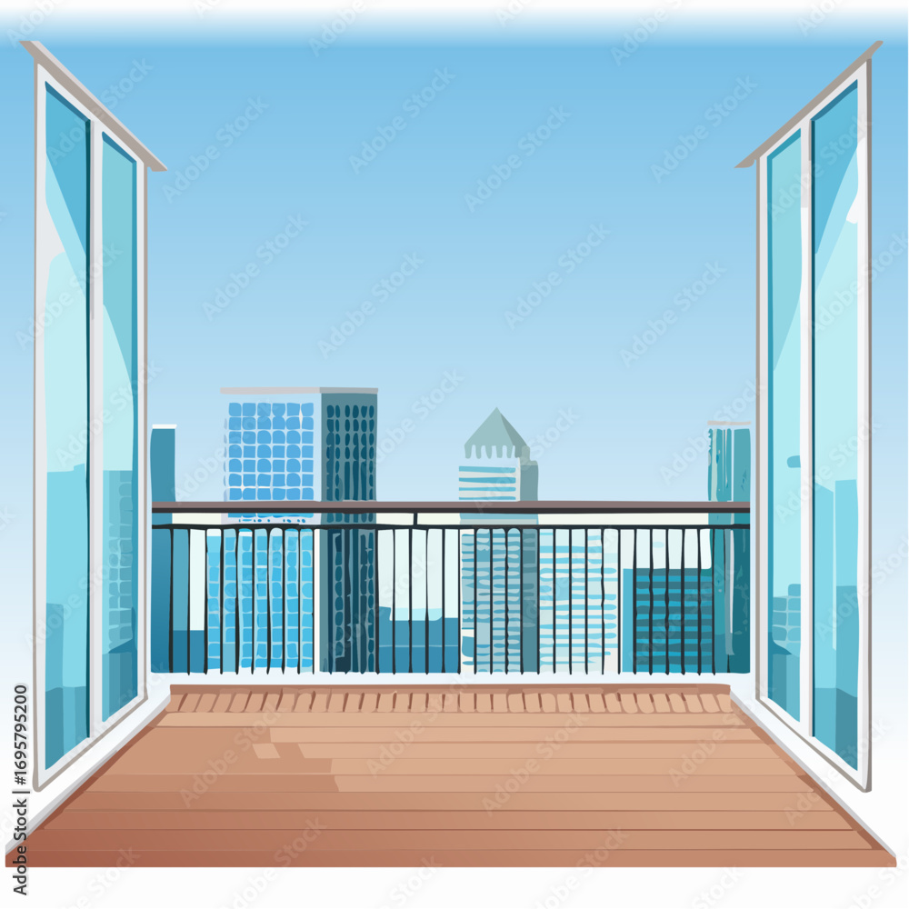 Fototapeta premium Spacious balcony view overlooking urban skyline with modern buildings and clear blue sky