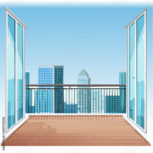 Spacious balcony view overlooking urban skyline with modern buildings and clear blue sky