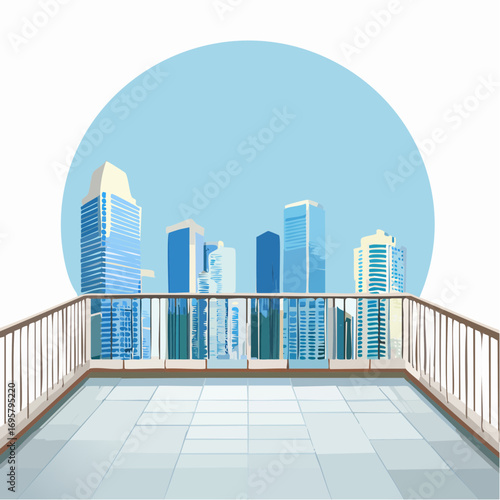 Spacious balcony view overlooking urban skyline with modern buildings and clear blue sky