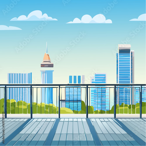 Spacious balcony view overlooking urban skyline with modern buildings and clear blue sky