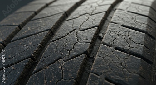 Closeup of a cracked weathered tire tread showing wear and texture