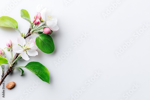 Delicate apple blossoms and leaves on a light gray background