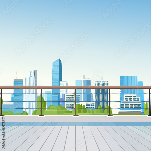 Spacious balcony view overlooking urban skyline with modern buildings and clear blue sky