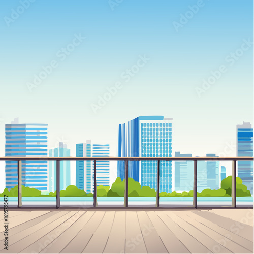 Spacious balcony view overlooking urban skyline with modern buildings and clear blue sky