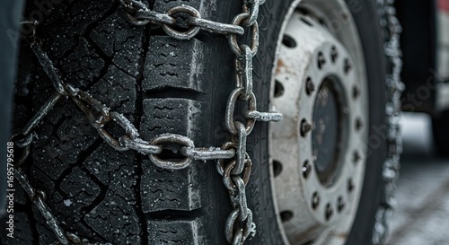 Closeup of a tire with snow chains The tire is black and grooved with a white wheel